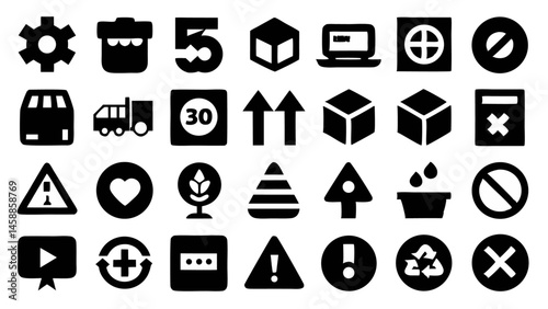 Set of symbols used for handling and manipulation instructions in cargo packaging ideal for shipping logistics and warehouse safety communication design