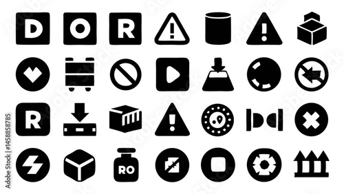 Complete collection of handling and packaging cargo manipulation icons useful for logistics packing materials and freight safety labeling visual elements