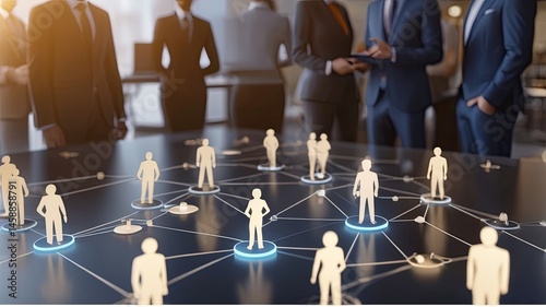 Business Networking Concept with Connected People Icons, Generative AI. This image depicts a business networking concept with connected people icons overlaid on a blurred background of professionals. 
