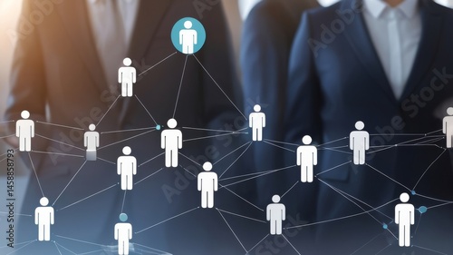 Business Networking Concept with Connected People Icons, Generative AI. This image depicts a business networking concept with connected people icons overlaid on a blurred background of professionals. 