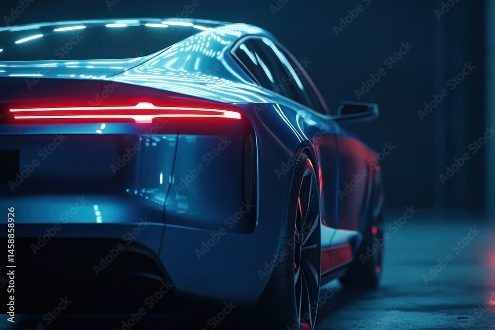 Naklejka premium Futuristic blue car rear view in night environment
