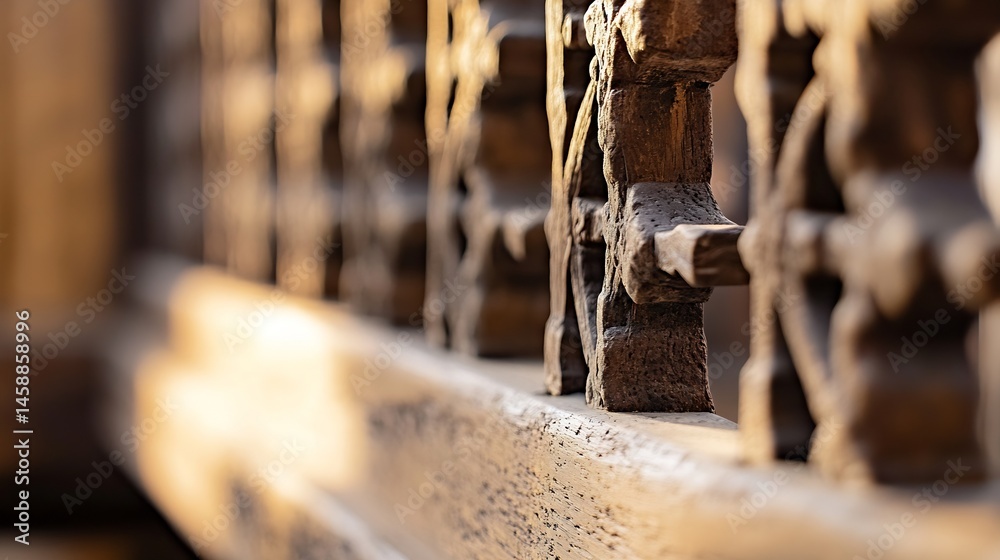 Close-up view of intricately carved wooden lattice, showcasing the detailed craftsmanship and aged texture of the wood. Sunlight highlights the grain and patterns. : Generative AI Close-up view of intricately carved wooden lattice, showcasing the detailed craftsmanship and aged texture of the wood. Sunlight highlights the grain and patterns. : Generative AI