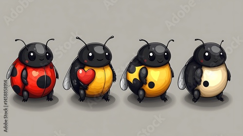 Four cute cartoon ladybugs, various colors