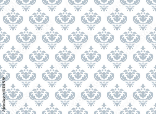 Wallpaper in the style of Baroque. White and gray floral ornament. Seamless vector background. Graphic pattern for fabric, wallpaper, packaging. Ornate Damask flower illustration