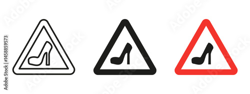 Woman driver warning icon. Triangular road sign with high heel symbol indicating humorous or stereotypical caution. Traffic and gender-based alert pictogram used in informal communication.