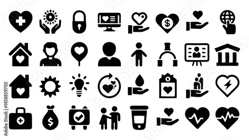 Charity line icon collection featuring donate and volunteer concepts in a modern minimalist style ideal for fundraising campaigns and nonprofit organization branding