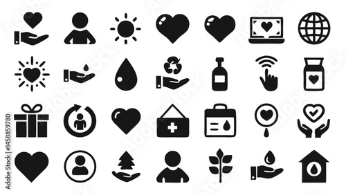 Minimalist charity icon set highlighting volunteer activities and donation themes perfect for nonprofit branding humanitarian aid designs and social good campaigns