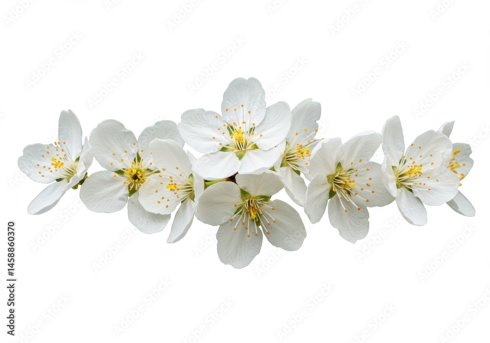 Obraz premium Delicate arrangement of white cherry blossoms with yellow centers isolated against a clean white backdrop
