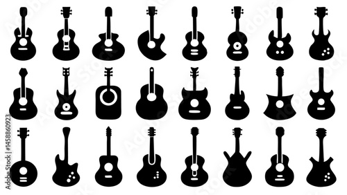 Create fifty distinct black guitar icons featuring creative and different designs for various uses.