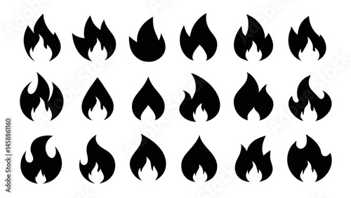 Create a set of fifty original black fire icons, each representing flames, heat, and fire safety.