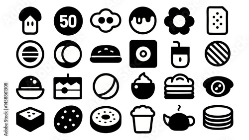 Create a set of fifty black and white icons representing different objects and actions in a minimalistic style.