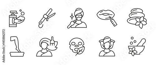 Beauty spa line icon set. Cosmetic and wellness outline vector illustration. Skincare, treatment, massage and aesthetic procedures pictograms for salons, self-care and organic beauty routines.