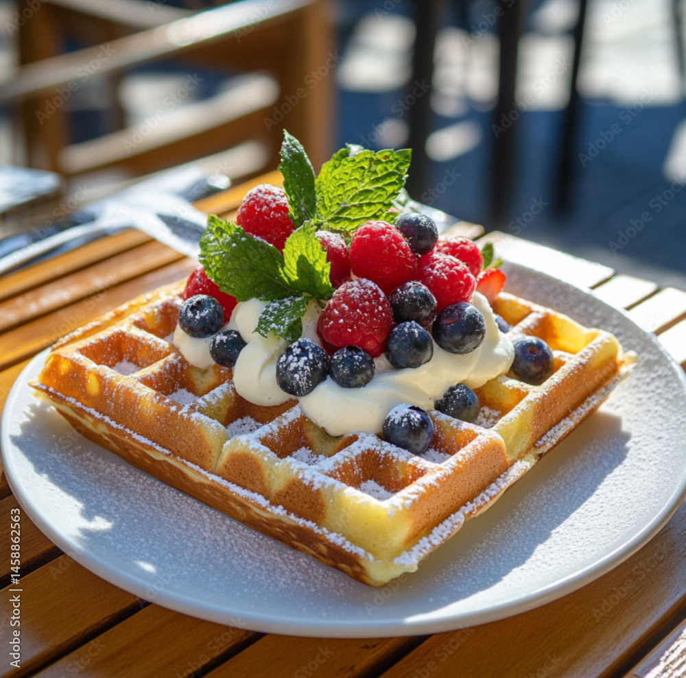 A waffle with whipped cream and fruit on a white plate, set outdoors.