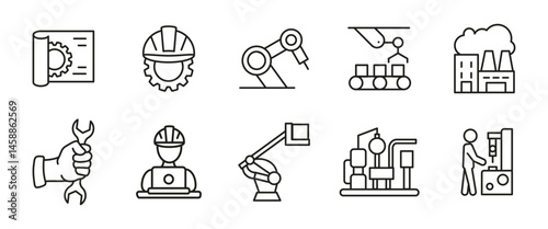 Industry line icon set. Factory automation and engineering outline vector illustration. Robots, gears, workers and machines symbols. Industrial production and manufacturing technology concept.