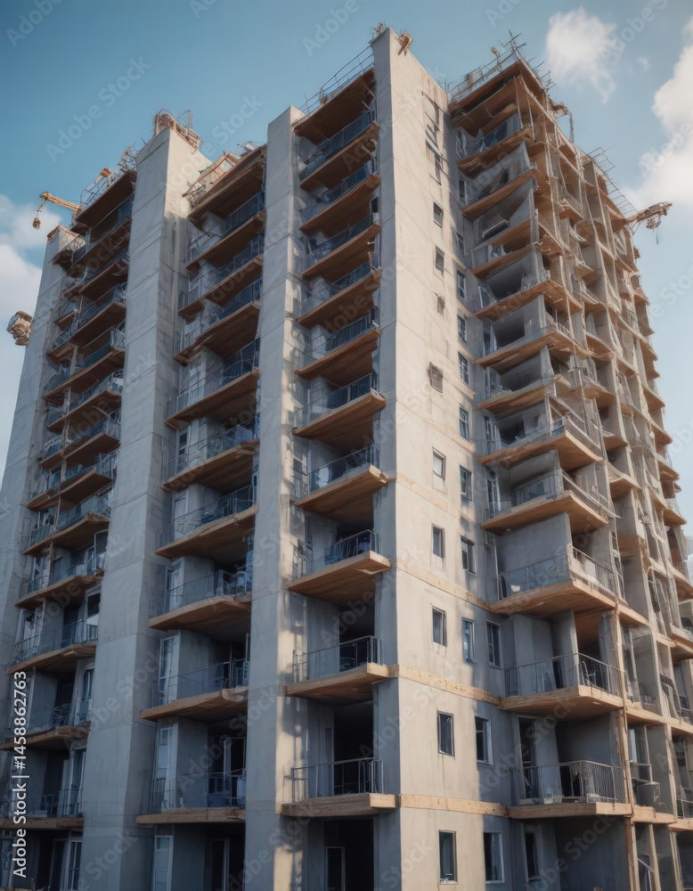 Fototapeta premium Modern apartment building under construction Blueprints, cranes, progress , crane, concrete, design