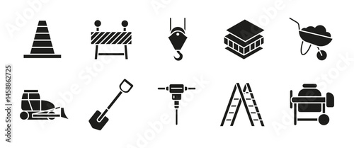 Construction glyph icon set. Building tools and equipment black vector illustration. Site safety, machinery and repair symbols. Industrial elements for architecture and roadwork design projects.
