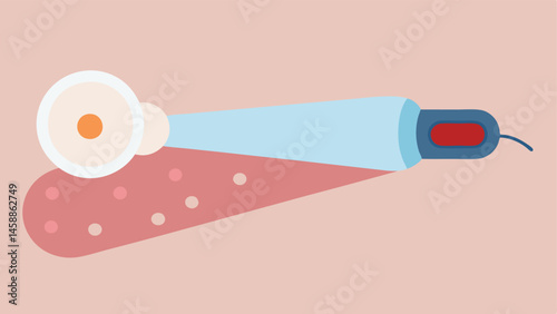 Light Therapy Device A handheld light therapy wand directed at a section of skin illuminating the area and suggesting improvement in skin texture and tone.