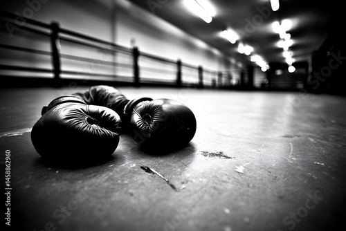 Boxing Gloves On Dark Gym Floor
