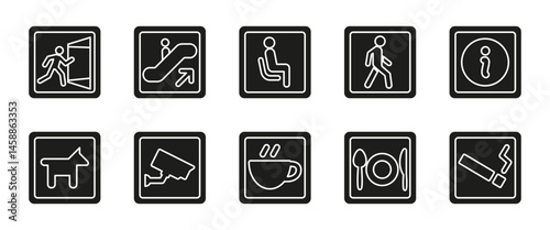 Public facility sign black icon set. Direction and service glyph vector illustration. Navigation symbols for indoor guidance in malls, airports and other public access areas.