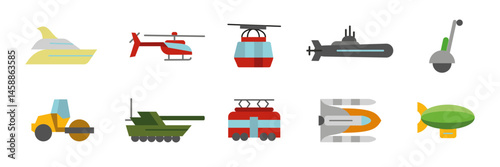 Futuristic and military transport colored icon set. Vector cartoon illustrations of helicopters, tanks, submarines, airships and hovercrafts. Concept icons for defense and advanced design.