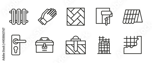 Construction and renovation line icon set. Vector outline illustrations of tools, materials and home repair elements. Suitable for interior works, architecture and building maintenance projects.