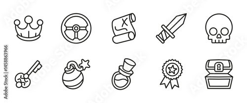 Treasure hunt line icon set. Outline vector illustrations of pirate map, crown, sword and chest. Adventure and fantasy themed symbols for games, quests, RPG interfaces and reward-based missions.