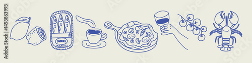 Hand drawn vector illustrations of Italian summer dinner. Amalfi and Sicily. Mediterranean cuisine elements like pizza, sardines, lemon, wine, coffee, and lobster for posters, prints, or menu designs.