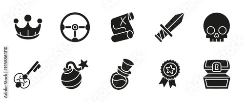 Treasure hunt glyph icon set. Black vector illustrations of pirate map, crown, sword and chest. Adventure and fantasy themed symbols for games, quests, RPG interfaces and reward-based missions.