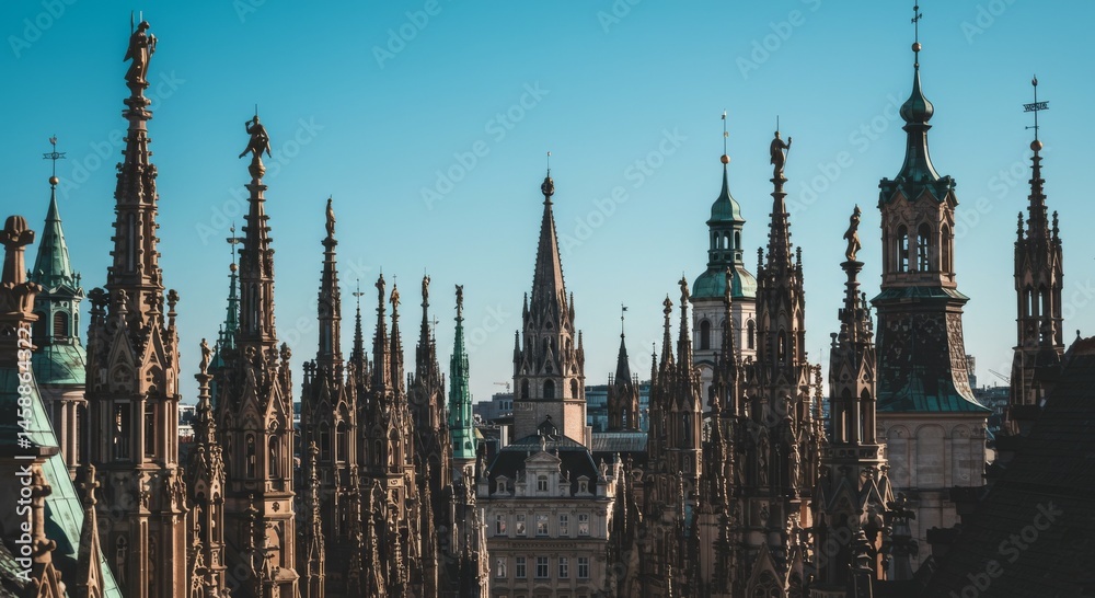 Fototapeta premium Numerous Gothic Spired Towers in a Sunny Cityscape