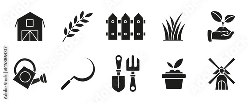 Agriculture glyph icon set. Black vector illustrations of farm tools, plants and growth. Farming and gardening symbols for agricultural apps, eco projects and rural development materials.