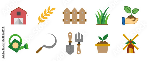 Agriculture cartoon icon set. Colored vector illustrations of farm tools, plants and growth. Farming and gardening symbols for agricultural apps, eco projects and rural development materials.