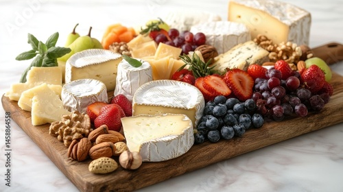 Fototapeta Naklejka Na Ścianę i Meble -  Assorted gourmet cheese platter with fruits and nuts on wooden board