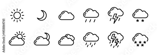 Weather line icon set. Minimal outline vector symbols for sun, clouds, rain, thunder and snow. Forecast pictograms for UI, climate applications and meteorological infographics.