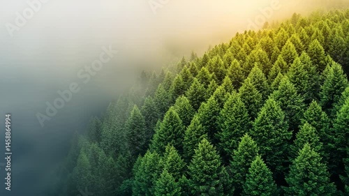 Lush Green Evergreen Forest in Mist with Soft Golden Light at Dawn and Dense Tree Canopy in Nature's Serenity