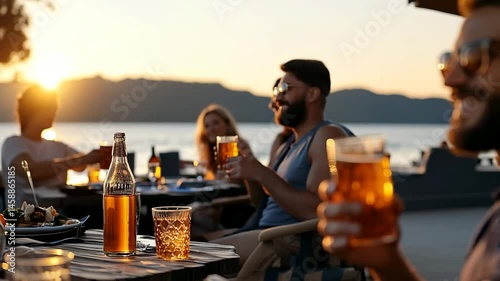 Person enjoying a cold beverage during sunset at an outdoor gathering by the lake, relaxing and having fun with friends