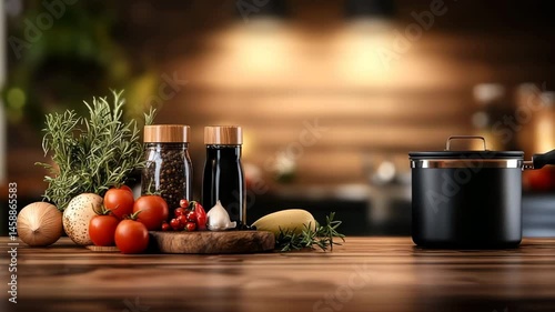 Fresh Ingredients and Cooking Utensils on Wooden Table in Cozy Kitchen Setting with Warm Lighting