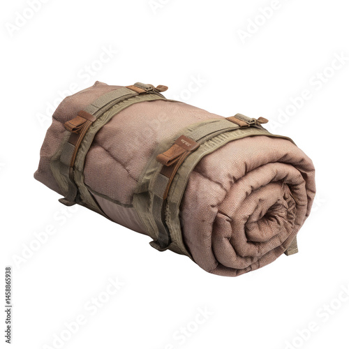 A rolled blanket made from durable fabric is fastened with straps, showcasing a practical design. This compact item is perfect for camping trips, outdoor activities, and emergency preparedness