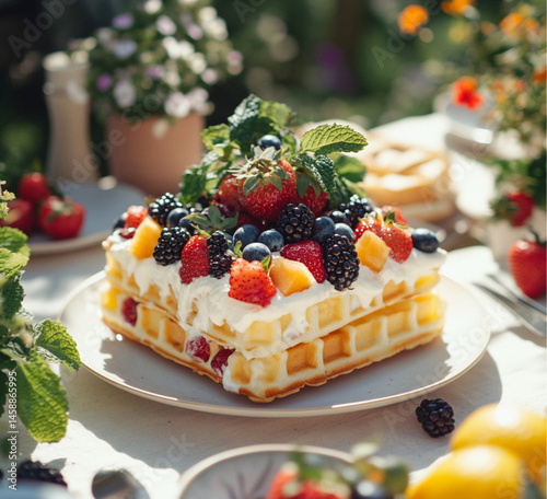 Obraz na płótnie A square waffle with white cream and fruit, placed on an outdoor table at the summer park, On top of the waffle,strawberries, blueberries, grapes, and sliced peaches. w salonie