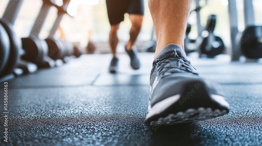 Fototapeta premium Close-up of a runner's foot in a modern athletic shoe, stepping onto a textured gym floor. The background is blurred, showing a person and gym equipment. : Generative AI