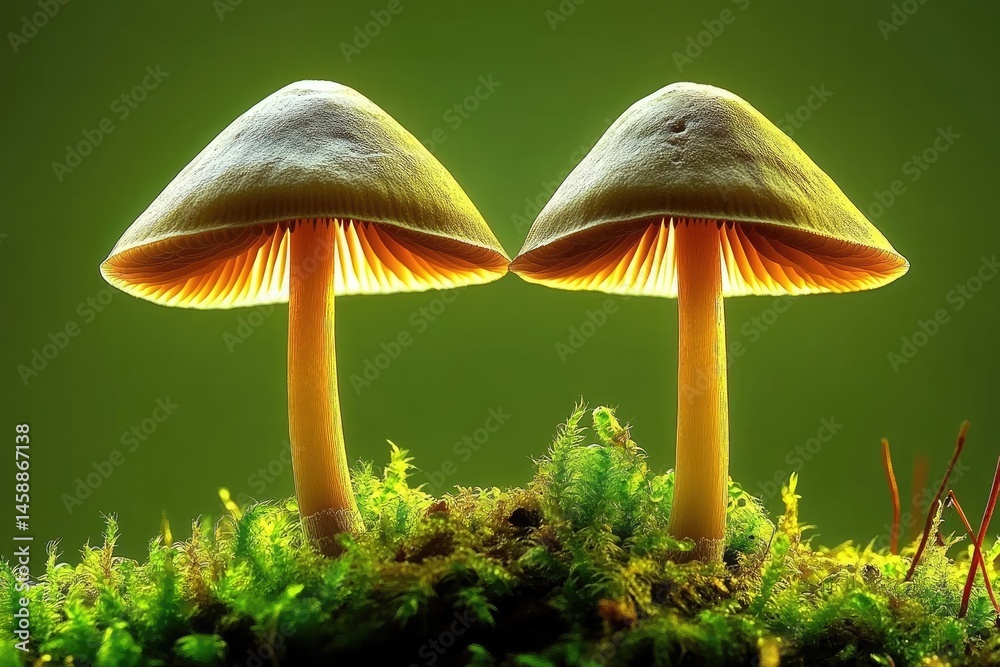 Fototapeta premium Two luminous mushrooms in moss