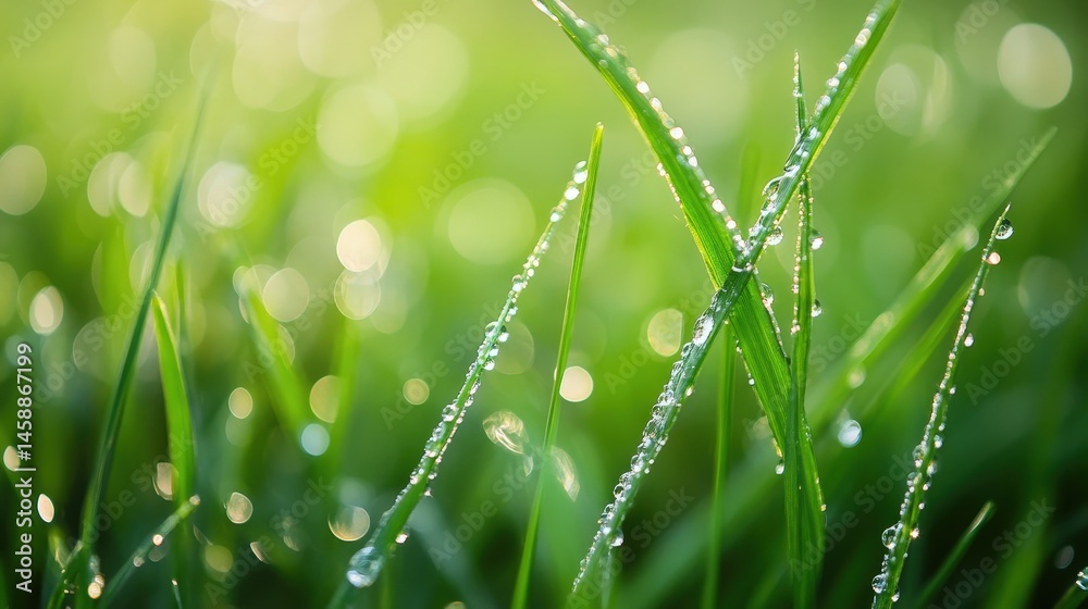 Naklejka premium A close-up of morning dew on delicate grass blades