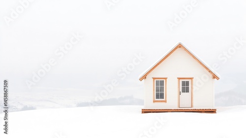 Solitary White Cabin on Snowy Flatland Under a Gray Sky