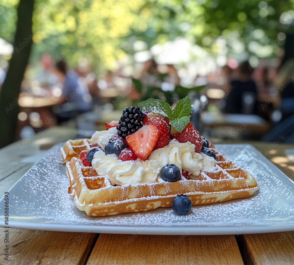A square waffle with white cream and fruit, placed on an outdoor table at the summer park, On top of the waffle,strawberries, blueberries, grapes, and sliced peaches.
