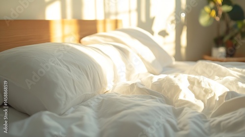 Sunlight illuminates a neatly made bed with white sheets and pillows, creating a serene and peaceful morning atmosphere in a minimalist bedroom. : Generative AI photo