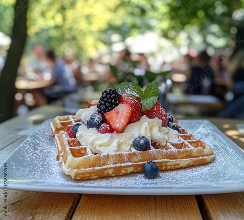 Obraz na płótnie A square waffle with white cream and fruit, placed on an outdoor table at the summer park, On top of the waffle,strawberries, blueberries, grapes, and sliced peaches. w salonie