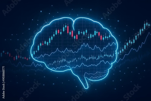 Abstract digital illustration of brain with stock market data representing trading analytics business and financial algorithms