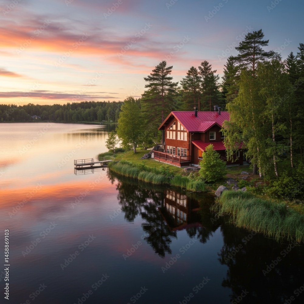 Fototapeta premium Lakeside Red Wooden House at Sunset