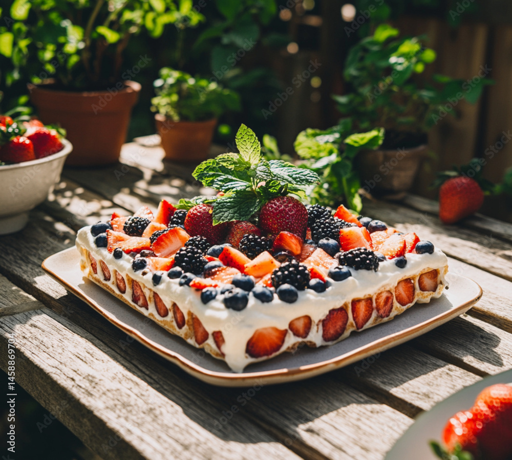 A square waffle with white cream and fruit, placed on an outdoor table at the summer park, On top of the waffle,strawberries, blueberries, grapes, and sliced peaches.