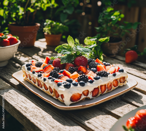 A square waffle with white cream and fruit, placed on an outdoor table at the summer park, On top of the waffle,strawberries, blueberries, grapes, and sliced peaches.