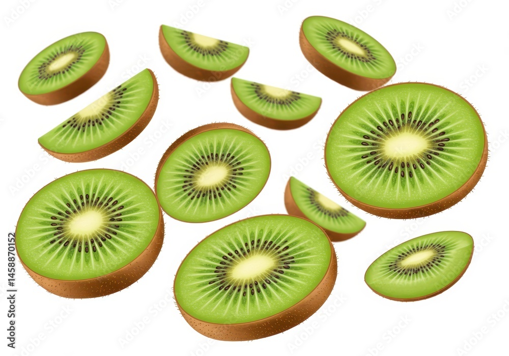 Fototapeta premium Scattered kiwi fruit slices and halves with green flesh and brown skin on a white background